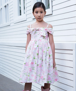 pastel pink floral off-shoulder dress with a bow