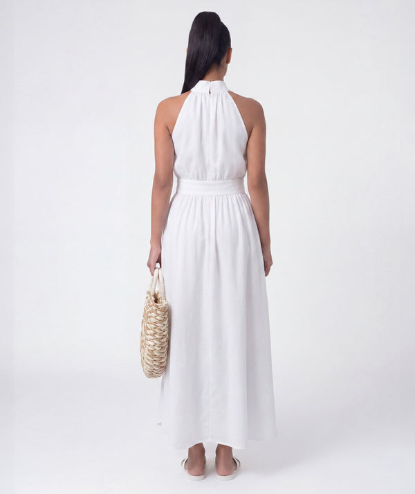 Back view of Premium Linen Women's Dress, highlighting neckline, sleeves and embellishments