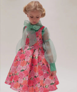 mint organza blouse and pink floral dress