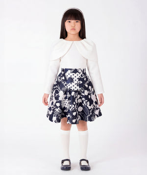 Front view of Puff Sleeve Girls Outfit | 2 Pieces in ivory satin for girls ages 3 to 12, a premium children’s design by Mama Luma
