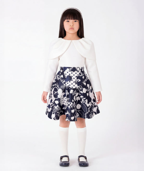 Front view of Puff Sleeve Girls Outfit | 2 Pieces in ivory satin for girls ages 3 to 12, a premium children’s design by Mama Luma
