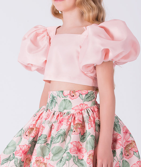 Back view of the Puff Sleeve High-Low Skirt Outfit featuring a puff-sleeve top with zip closure and a flowing high-low floral skirt made from breathable lightweight fabric, designed for girls ages 3–12 for Eid celebrations and garden events.