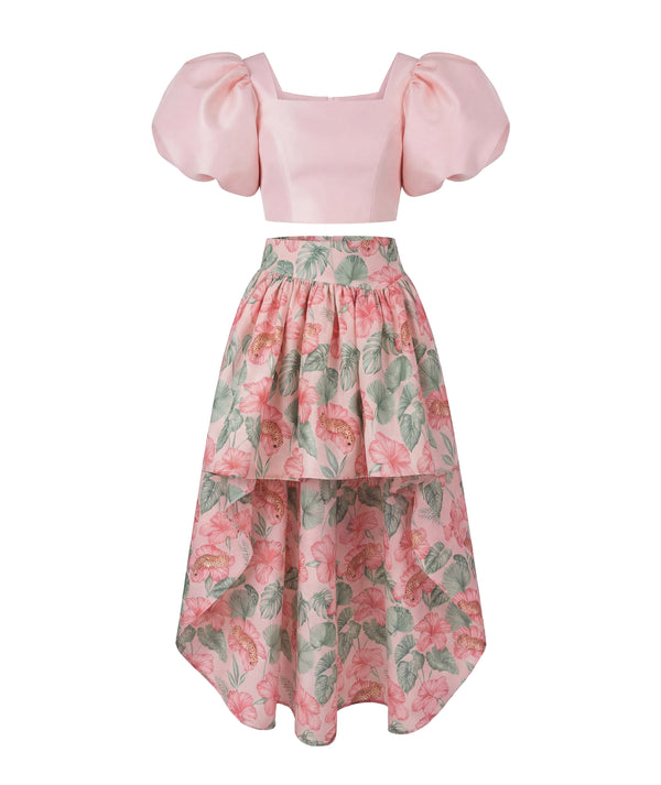 Front view of Puff Sleeve High-Low Skirt Women’s Outfit | 2 Pieces, for coordinated Mommy and Me dressing