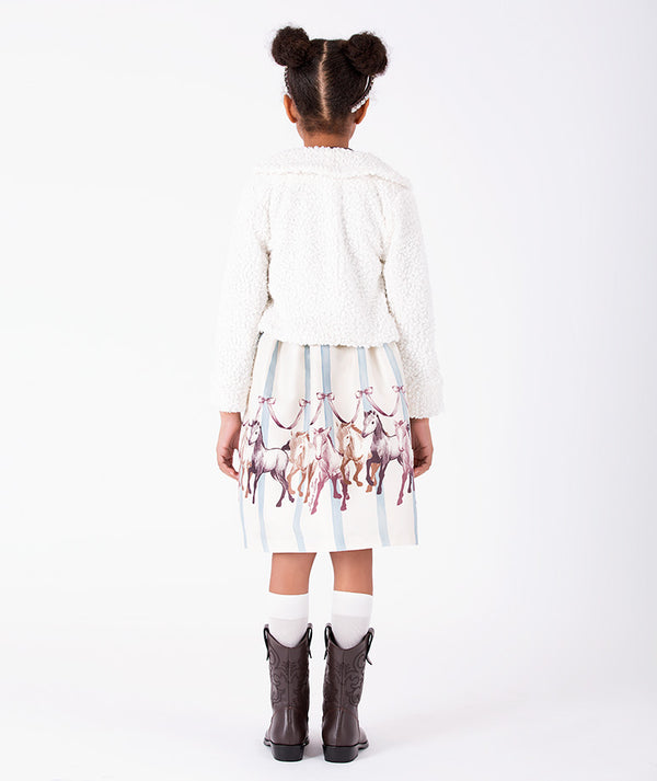 Back view of Puffy Enchanting Buttons Girls Jacket featuring a cropped ivory silhouette and plush textured finish for girls ages 3 to 12 by Mama Luma.