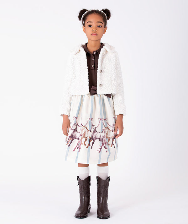 Front view of Puffy Enchanting Buttons Girls Jacket in ivory with textured fabric and statement buttons for girls ages 3 to 12 by Mama Luma.