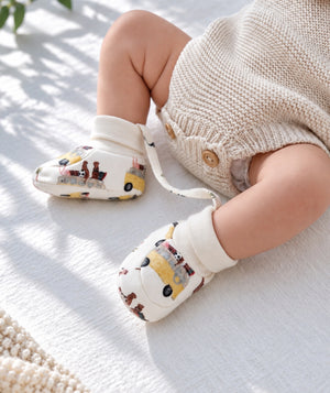 Road Trip print baby booties, soft footwear for newborn outfits.
