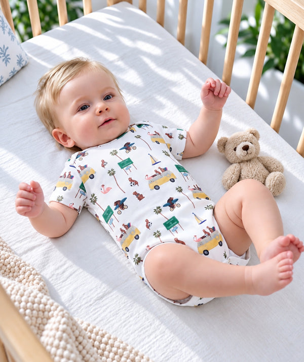 Road Trip print baby onesie, comfortable infant bodysuit.