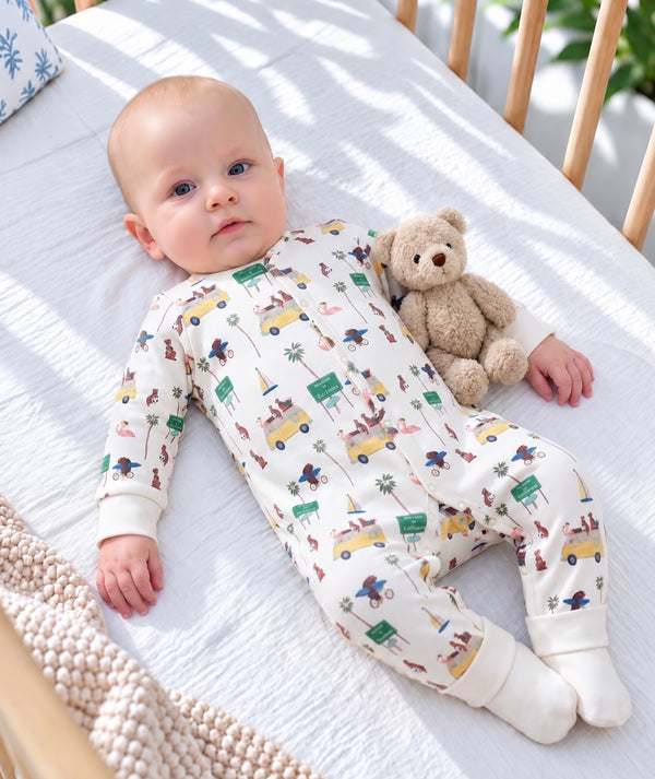 Road Trip print baby romper, playful one-piece baby clothing.