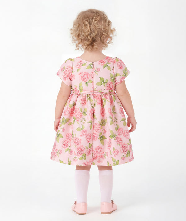 Back view of Rose Bloom Baby Dress in blush pink satin for babies 12 to 36 months, highlighting neckline, sleeves and embellishments
