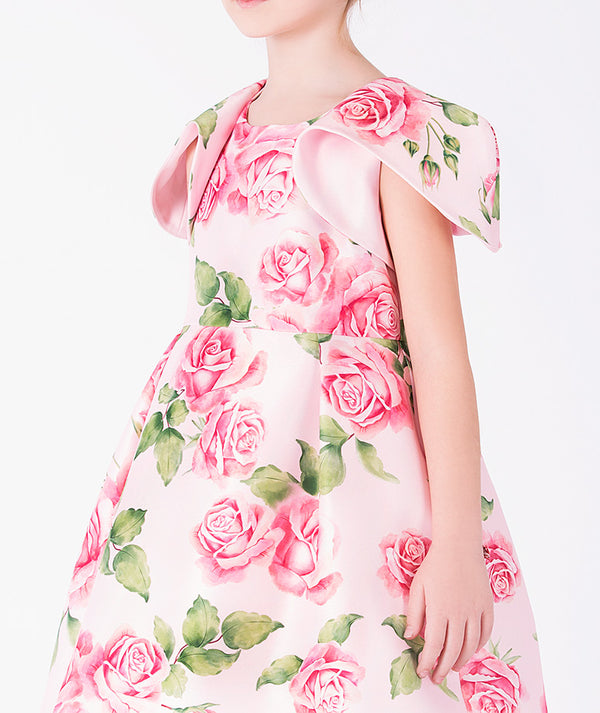 Editorial view of Rose Bloom Girls Dress in soft pink satin for girls ages 3 to 12, featuring neckline, sleeves and embellishments