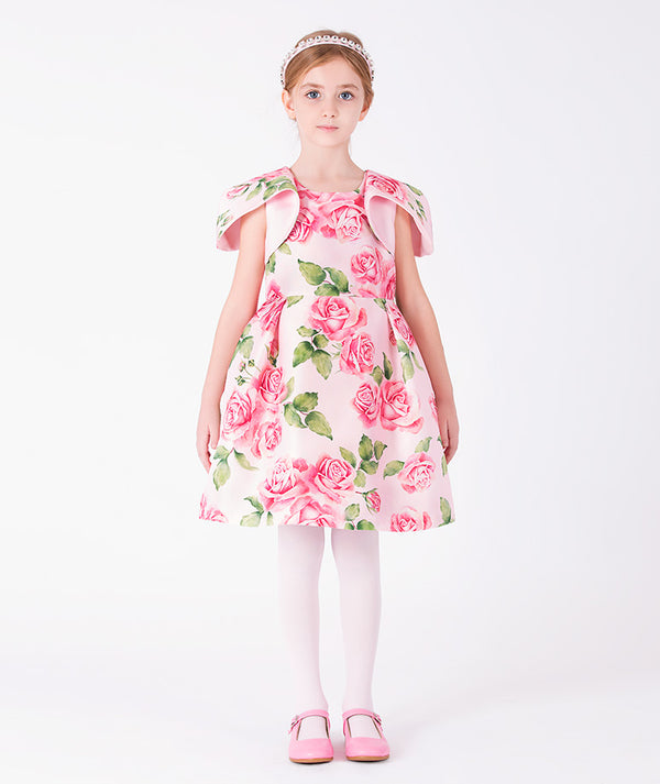 Front view of Rose Bloom Girls Dress in soft pink satin for girls ages 3 to 12, showing overall silhouette and styling