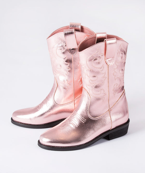 Girls’ rose gold metallic cowboy boots with intricate stitching and mid-calf height — perfect for birthday parties, photoshoots, and festive outfits