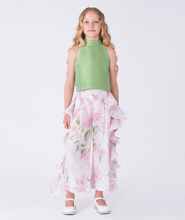 Front view of a ruffle pants floral girls outfit with halter top, styled for spring celebrations and elegant daytime events for ages 3–12.
