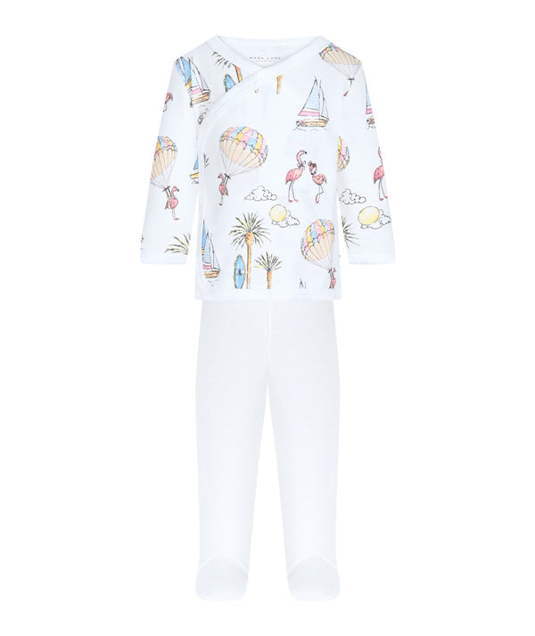Adorable baby outfit set featuring a whimsical seaside print with flamingos, hot air balloons, and sailboats, paired with matching white footed leggings for a cozy and stylish look