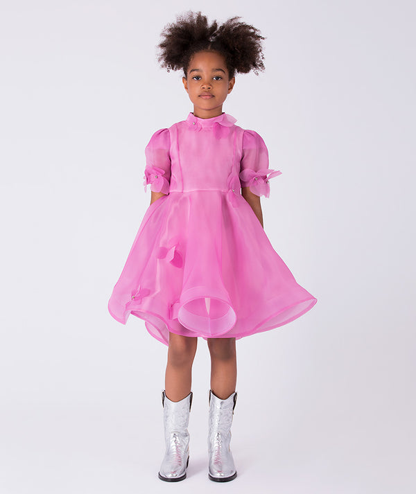 Sheer organza girls dress in soft pink with 3D floral appliqués, puff sleeves and flowing skirt, designed for elegant special occasions