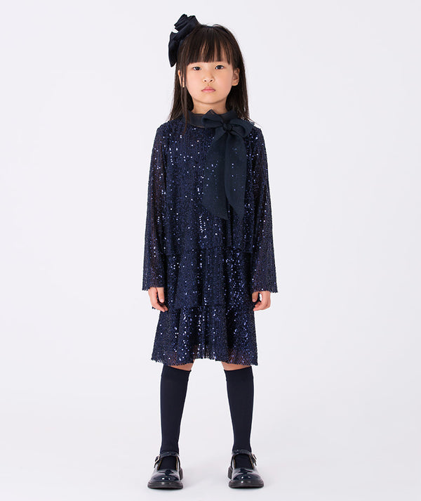 Mama Luma Shimmering Girls Sequin Dress (3–12Y) — navy glitter dress with long sleeves and sheer bow, perfect for birthdays and weddings