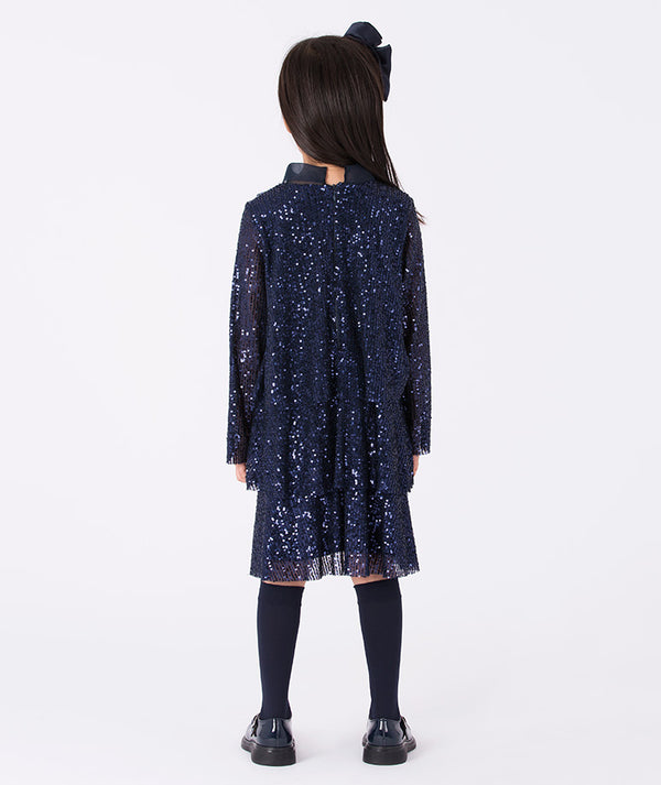 Mama Luma Shimmering Girls Sequin Dress (3–12Y) — navy glitter dress with bow detail, perfect for weddings, birthdays, and celebrations