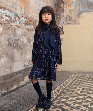 Mama Luma Shimmering Girls Sequin Dress (3–12Y) — elegant navy sequin dress with playful sparkle, ideal for parties and holiday celebrations
