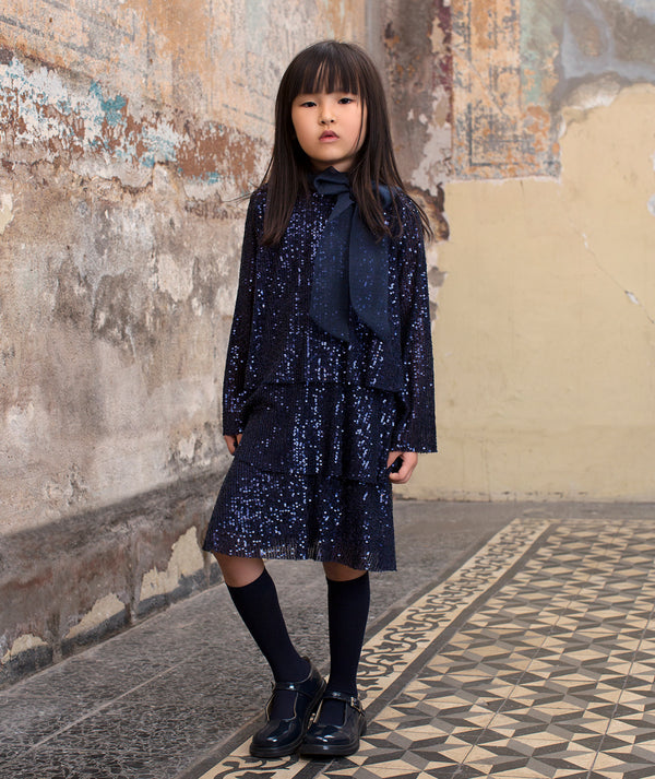 Mama Luma Shimmering Girls Sequin Dress (3–12Y) — elegant navy sequin dress with playful sparkle, ideal for parties and holiday celebrations