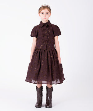 Front view of Shimmering Mocha Girls Outfit featuring a short-sleeve top and matching midi skirt for girls ages 3 to 12 by Mama Luma.