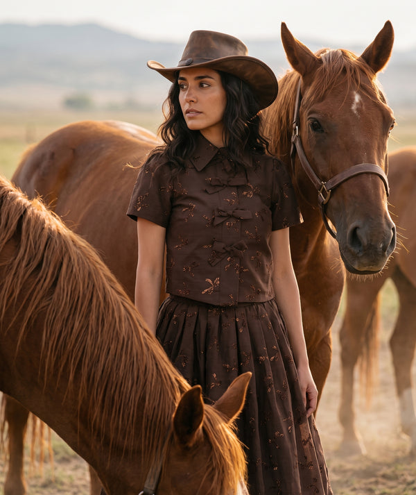 Shimmering Mocha Women's Outfit featuring a collared top and voluminous midi skirt in an Altai Morin ranch editorial by Mama Luma.