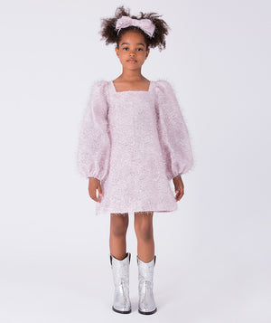 Front view of a shimmering puff sleeve girls party dress by Mama Luma, designed for festive celebrations and special occasions.