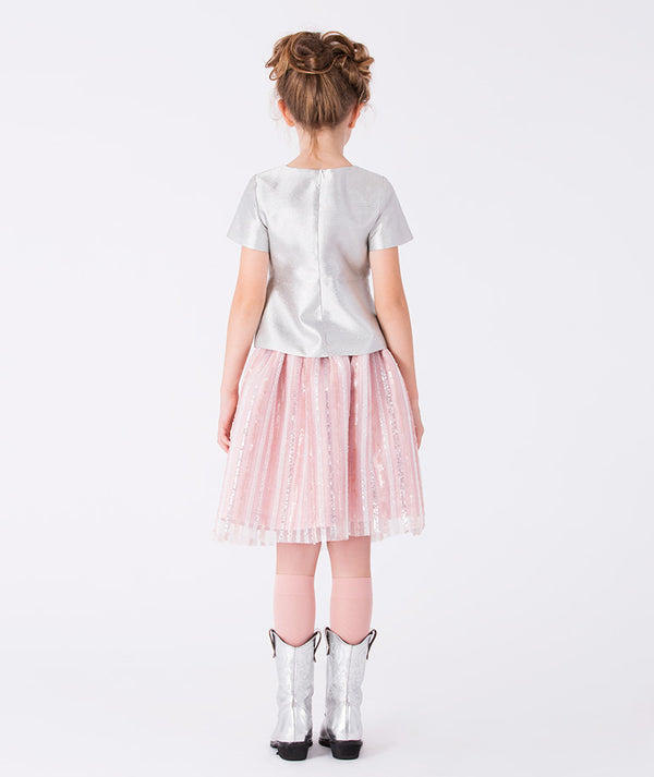Handmade girls’ 2-piece outfit (3–12Y) – shimmering silver blouse and pink striped sequin skirt for weddings and family celebrations