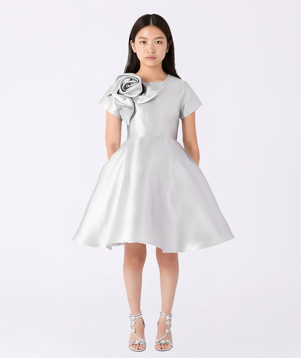 Front view of the Silver Flower Detail Event Dress by Mama Luma, showcasing a luminous silver satin finish with a dramatic floral appliqué at the shoulder. The structured yet flowing silhouette captures elegance and movement—ideal for galas, weddings, and family celebrations.