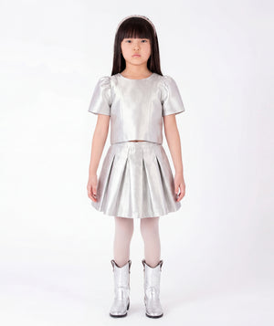 Front view of Silver Girls Outfit | 2 Pieces in silver metallic fabric for girls ages 3 to 12, styled as premium children’s special occasionwear