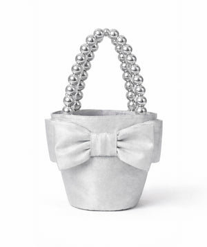 Front view of Silver Pearl Bag in silver structured fabric, styled as premium children’s special occasionwear