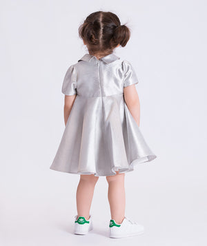 baby girl wearing a silver dress with a plain background