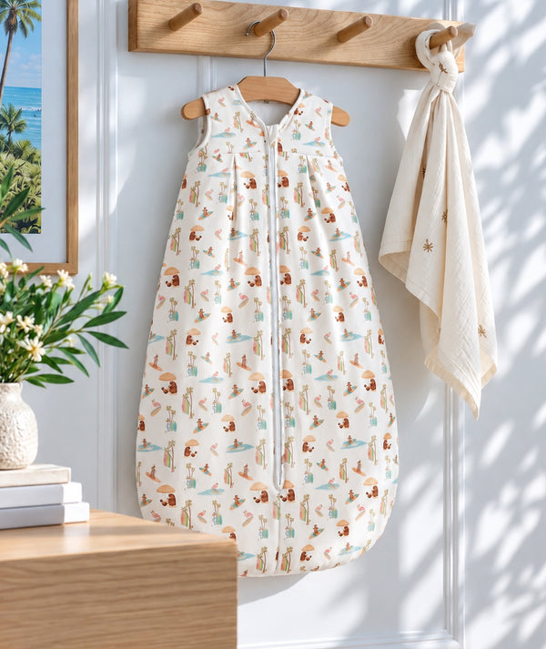 Beach-print baby sleep sack, bedtime babywear.