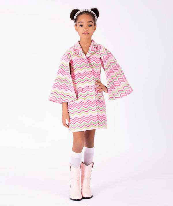 Front view of Strawberry Girls Zigzag Jacket in green jacquard for girls ages 3 to 12, showing overall silhouette and styling