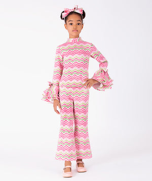 Front view of Strawberry Girls Zigzag Outfit | 2 Pieces in green jacquard for girls ages 3 to 12, showing overall silhouette and styling