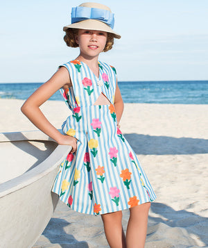 blue striped summer dress with colorful flower prints