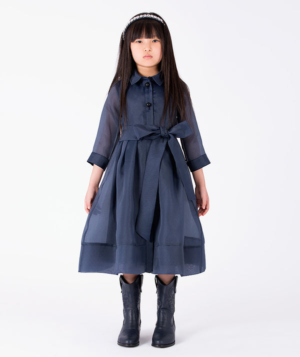 Front view of Structured Girls Trench Dress in navy organza for girls ages 3 to 12, a premium children’s design by Mama Luma