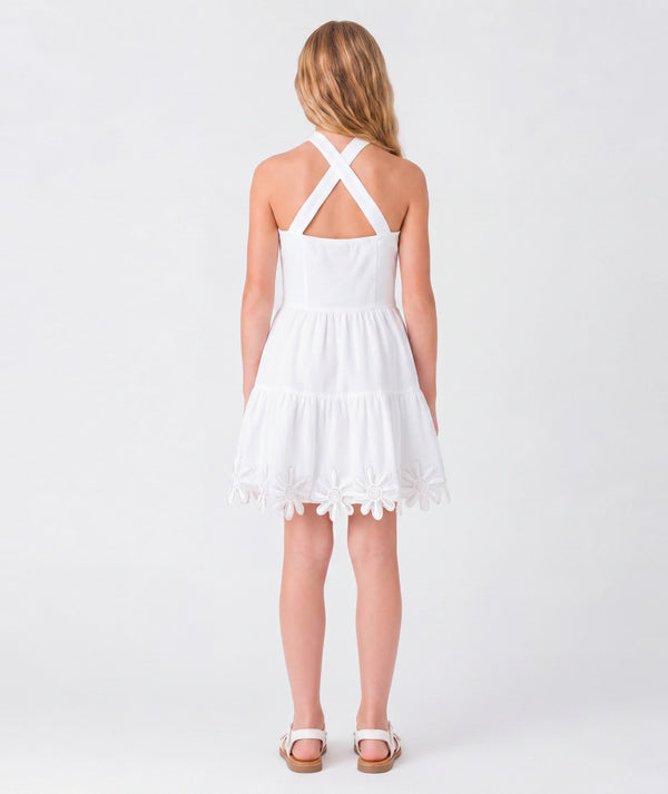 Back view of Sun Appliqués Girls Linen Dress for girls ages 3 to 12, highlighting tailoring, closure and finishing