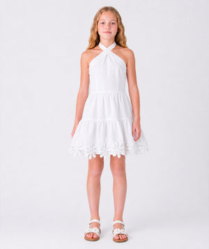 Front view of Sun Appliqués Girls Linen Dress for girls ages 3 to 12, showing overall silhouette and styling
