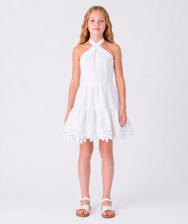 Front view of Sun Appliqués Girls Linen Dress for girls ages 3 to 12, showing overall silhouette and styling