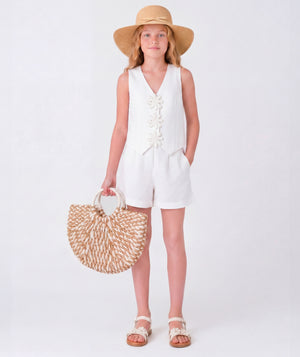 Front view of Sun Appliqués Girls Linen Outfit | 2 Pieces for girls ages 3 to 12, showing overall silhouette and styling