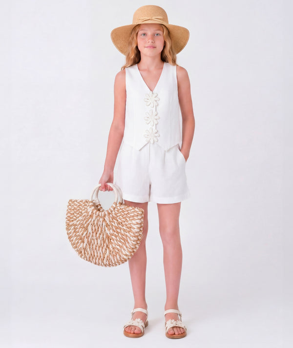 Front view of Sun Appliqués Girls Linen Outfit | 2 Pieces for girls ages 3 to 12, showing overall silhouette and styling