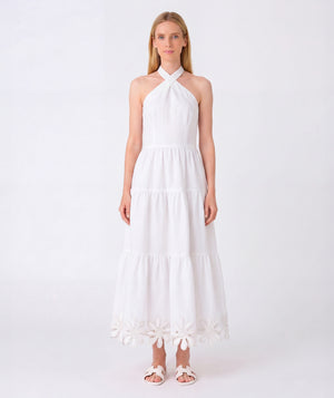 Front view of Sun Appliqués Linen Women's Dress, showing overall silhouette and styling