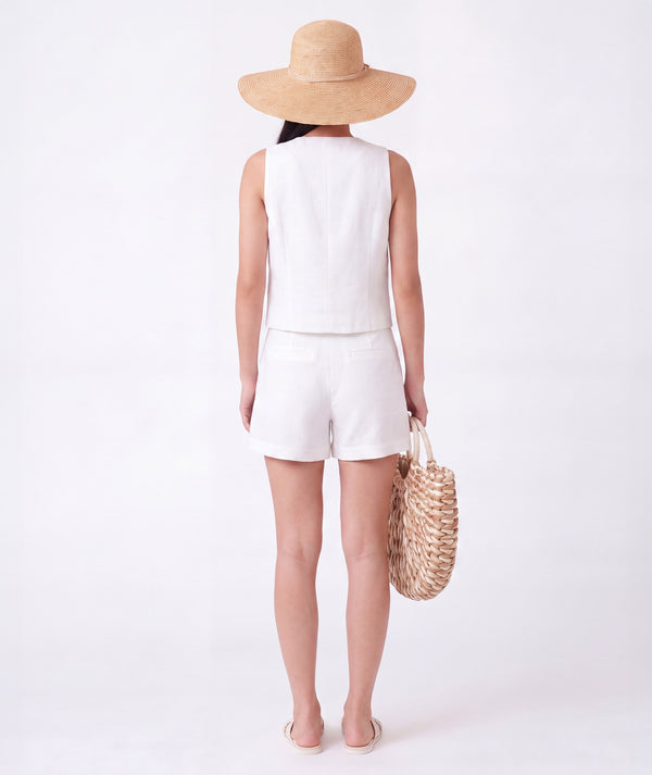 Back view of Sun Appliqués Women's Linen Outfit | 2 Pieces, highlighting tailoring, closure and finishing