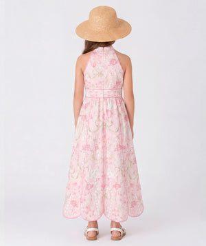 Back view of Swan Pearl Girls Summer Dress for girls ages 3 to 12, highlighting neckline, sleeves and embellishments