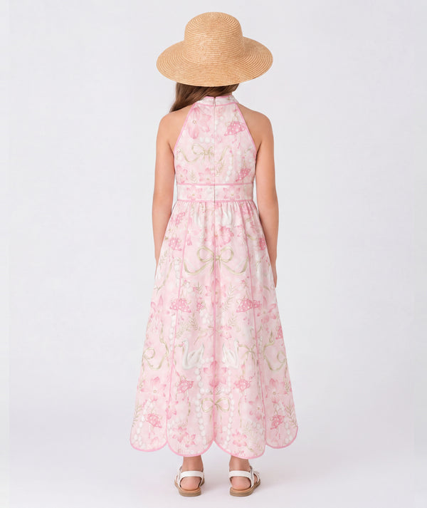 Back view of Swan Pearl Girls Summer Dress for girls ages 3 to 12, highlighting neckline, sleeves and embellishments