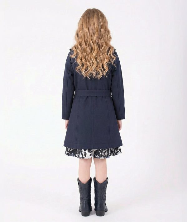Back view of Tailored Wool-Blend Belted Girls Coat in navy wool-blend for girls ages 3 to 12, showing the silhouette and refined construction