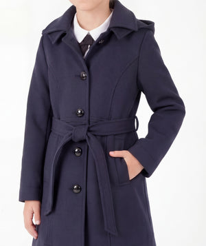 Close-up of Tailored Wool-Blend Belted Girls Coat in navy wool-blend for girls ages 3 to 12, highlighting fabric texture and designer details