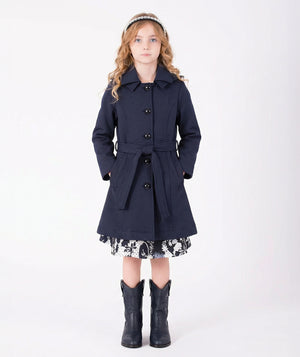 Front view of Tailored Wool-Blend Belted Girls Coat in navy wool-blend for girls ages 3 to 12, a premium children’s design by Mama Luma