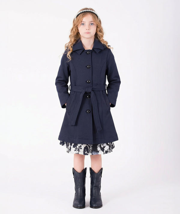 Front view of Tailored Wool-Blend Belted Girls Coat in navy wool-blend for girls ages 3 to 12, a premium children’s design by Mama Luma