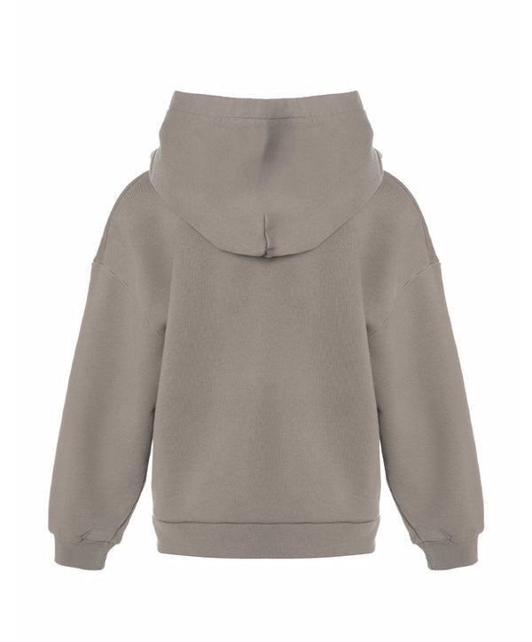 Back view of a taupe girls hoodie with a relaxed fit and attached hood, designed for everyday wear, school outfits, and casual layering, available in sizes 3–14